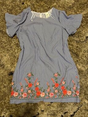 Studio One Navy & White Striped Dress with Coral Floral Trim